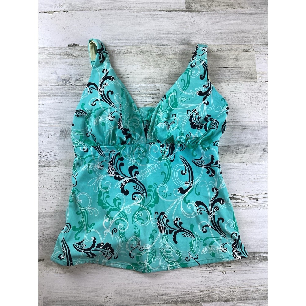 MIraclesuit Womens Sz 14 V-neck Tankini Swim Teal Whimsical Swirl Soft Cup Pads